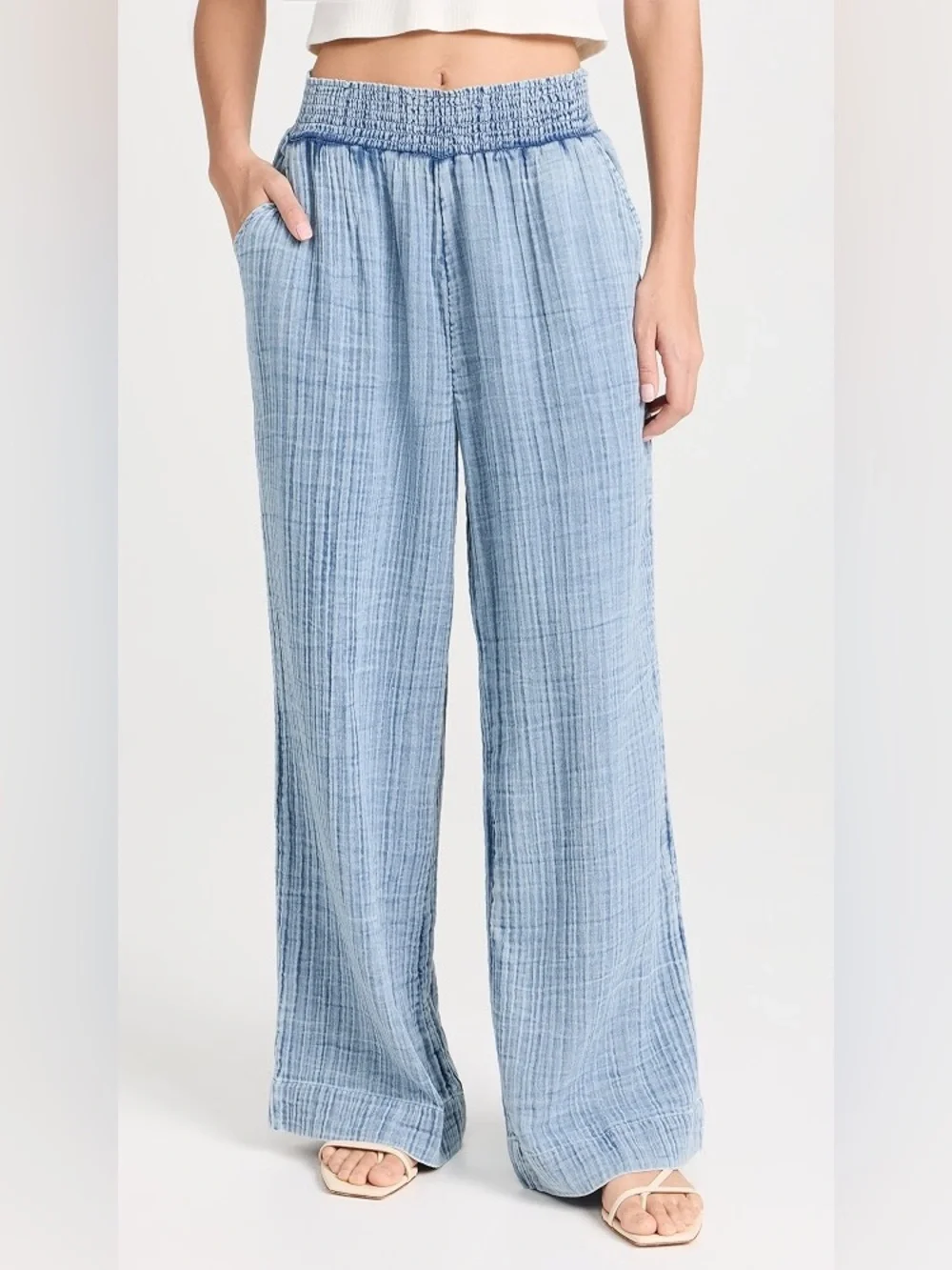 Faherty Dream Cotton Gauze Wide Leg Pants in Washed Indigo Blue Sz L Lounge